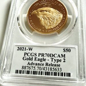 2021-W Gold American Eagle Type 2 Proof 1 oz – PCGS PR70DCAM Advance Release im Holder mit Adler-Reverse und Label $50