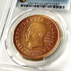 Bolivien Goldmünze 1952 mit Porträt von Gualberto Villarroel in PCGS-Slab, bewertet mit MS65.