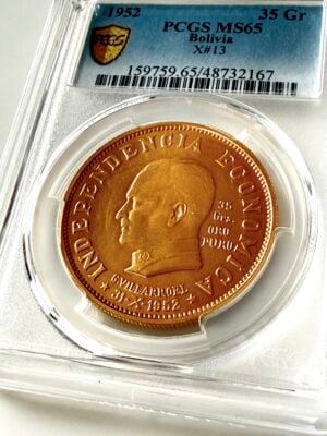 Bolivien Goldmünze 1952 mit Porträt von Gualberto Villarroel in PCGS-Slab, bewertet mit MS65.