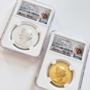 Kanada 2021 Peace Dollar Set mit Gold- und Silbermünze, Ultra High Relief Reverse Proof, First Day of Production, NGC PF70, Susan-Taylor-Signaturlabel.