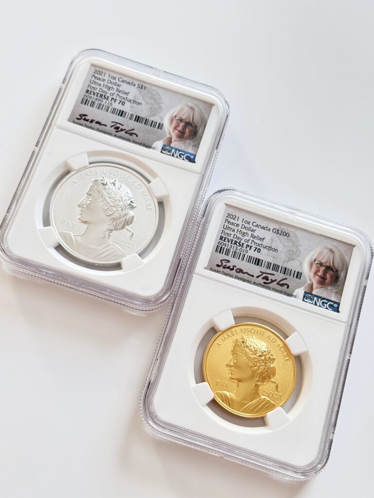 Kanada 2021 Peace Dollar Set mit Gold- und Silbermünze, Ultra High Relief Reverse Proof, First Day of Production, NGC PF70, Susan-Taylor-Signaturlabel.