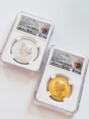 Kanada 2021 Peace Dollar Set mit Gold- und Silbermünze, Ultra High Relief Reverse Proof, First Day of Production, NGC PF70, Susan-Taylor-Signaturlabel.