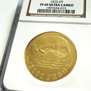 Kolumbien 1978 15.000 Pesos Goldmünze Ocelot aus der Conservation Series im NGC-Holder mit Erhaltungsgrad PF69 Ultra Cameo.