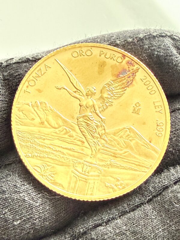 Mexiko 2000 1 Onza Libertad Goldmünze, frühe moderne Ausgabe, klassisches Siegesgöttin-Motiv, unbehandeltes Originalstück.