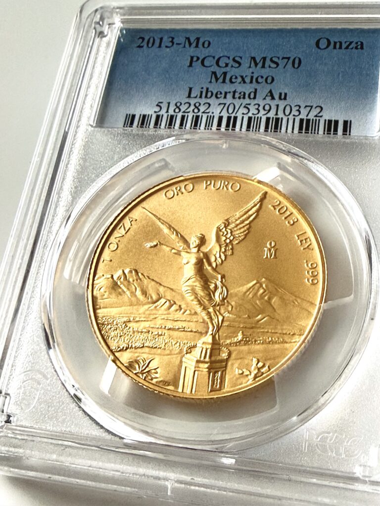 Mexique 2013 Libertad 1 Onza Or – PCGS MS70 Top Pop, pièce d'or moderne parfaitement conservée dans son support PCGS d'origine.