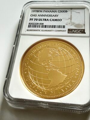 Panama 1978 500 Balboas OAS Anniversary Goldmünze NGC PF70 Ultra Cameo im Original-Holder.
