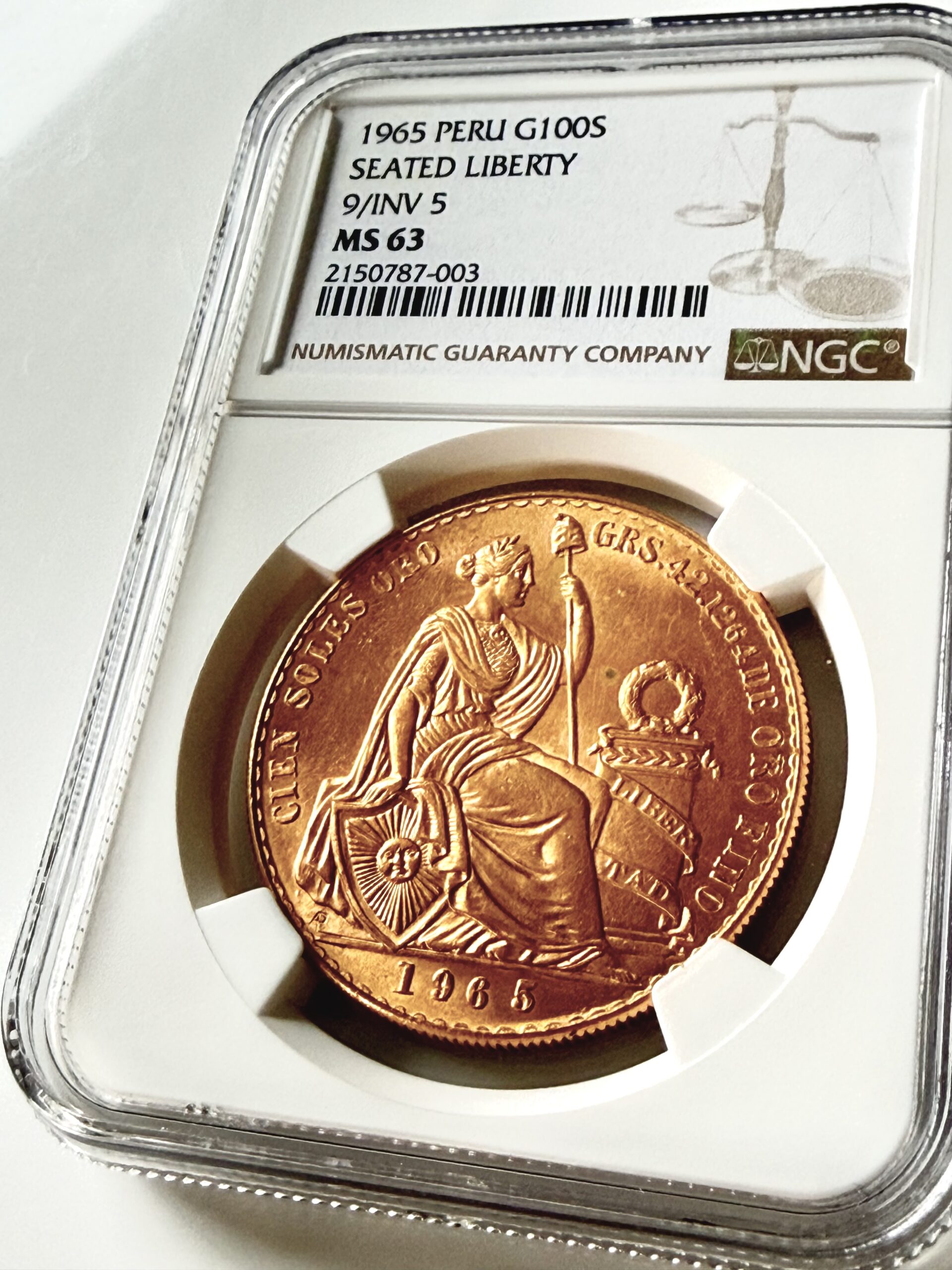 Peru - 1965 - 100 Soles - Seated Liberty - 9 over Inverted 5