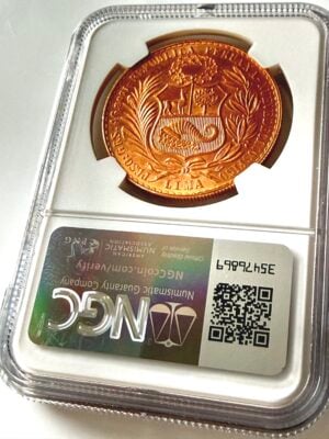 秘鲁-1965-100-索尔-坐席-自由金-9-倒置-5-NGC-ms63_2 秘鲁金币1965年——100枚鞋底坐姿自由女神,错误9个倒置5,NGC MS63。