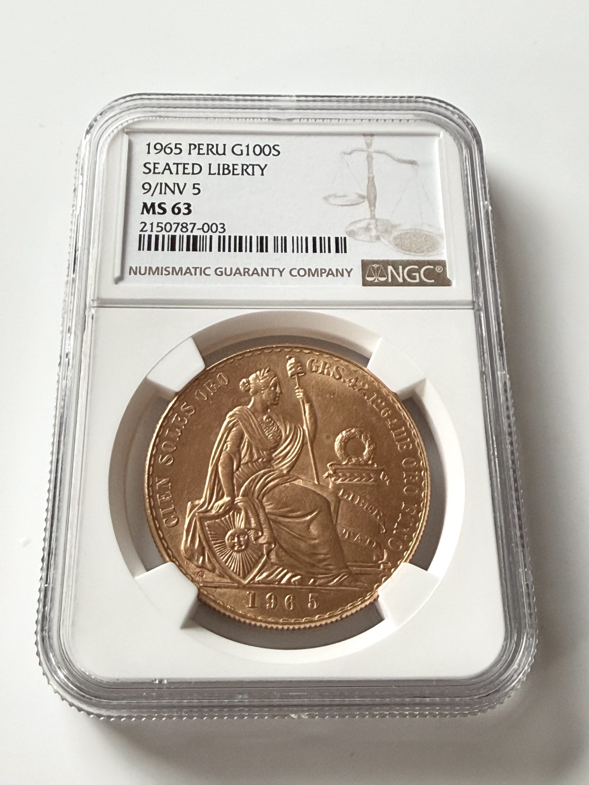 秘鲁- 1965年- 100 Soles - 坐姿自由队- 9局倒置5局