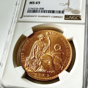 Peru Goldmünze 1967 – 100 Soles mit sitzender Freiheitsfigur in NGC-Slab, bewertet mit MS65.