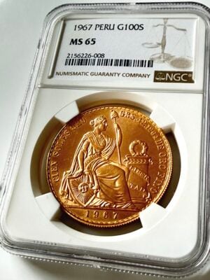 Peru Gold Coin 1967 – 100 Soles with seated Liberty figure in NGC slab, graded MS65.