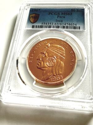 秘鲁1967年50索金币——印加头像,PCGS MS63,秘鲁经典金币,PCGS套。