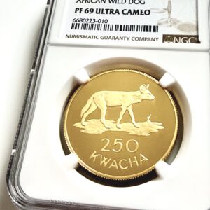 Sambia 1979 250 Kwacha Goldmünze African Wild Dog in NGC-Holder mit Proof-Bewertung PF69 Ultra Cameo.