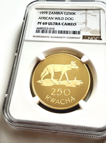Sambia 1979 250 Kwacha Goldmünze African Wild Dog in NGC-Holder mit Proof-Bewertung PF69 Ultra Cameo.