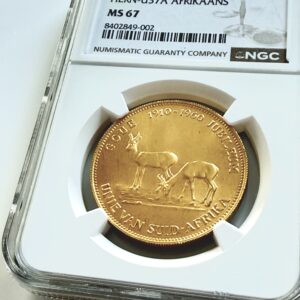 Moneda de oro de Sudáfrica 1960 “Cámara de Minas – Jubileo de Oro” con motivo de antílope saltarín, 1 onza de oro, certificada por NGC en MS67, inscripción en afrikáans.