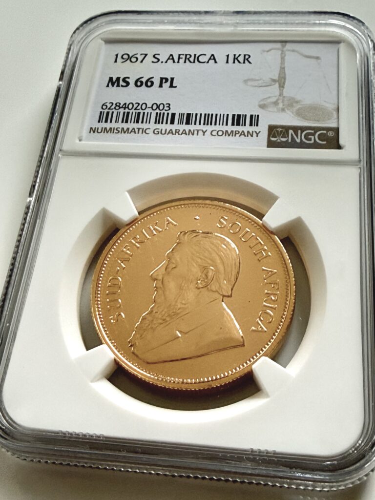 Südafrika Krugerrand 1967 1 Unze Gold Prooflike NGC MS66 PL im Original-Holder.