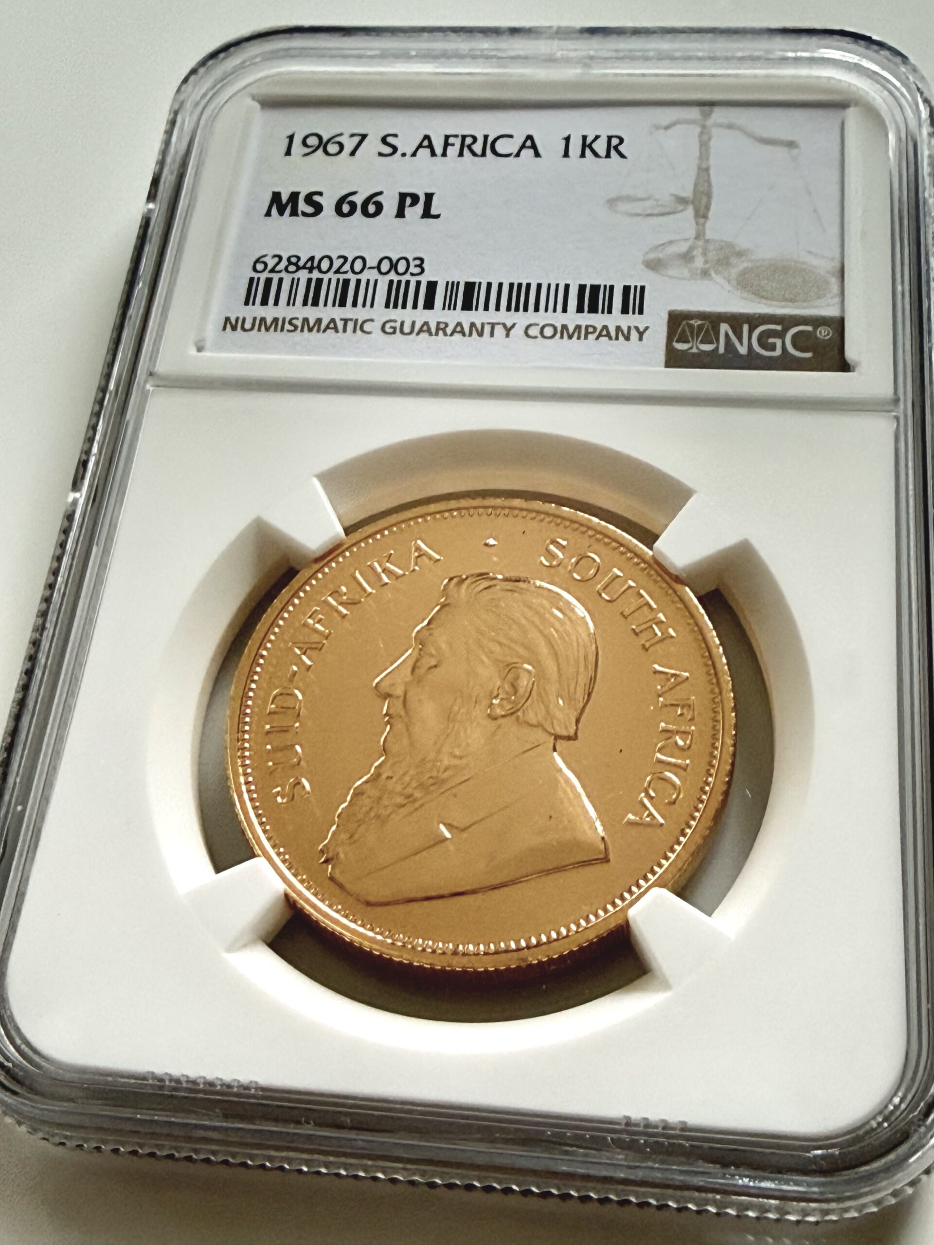 Sudáfrica, 1967, Krugerrand, 1 oz de oro, tipo prooflike, NGC, MS66, PL_1 Südafrika Krugerrand 1967 1 Unze Gold Prooflike NGC MS66 PL im Original-Holder.