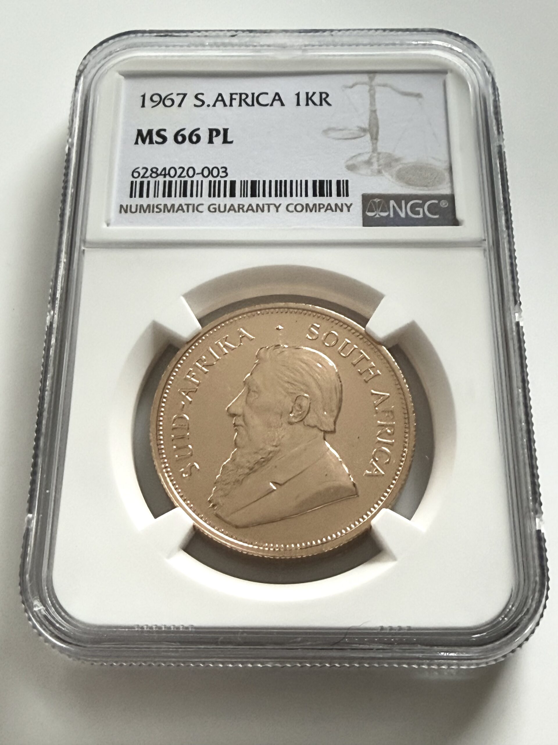 Sudáfrica, 1967, Krugerrand, 1 oz de oro, tipo prooflike, NGC, MS66, PL_4 Südafrika Krugerrand 1967 1 Unze Gold Prooflike NGC MS66 PL im Original-Holder.