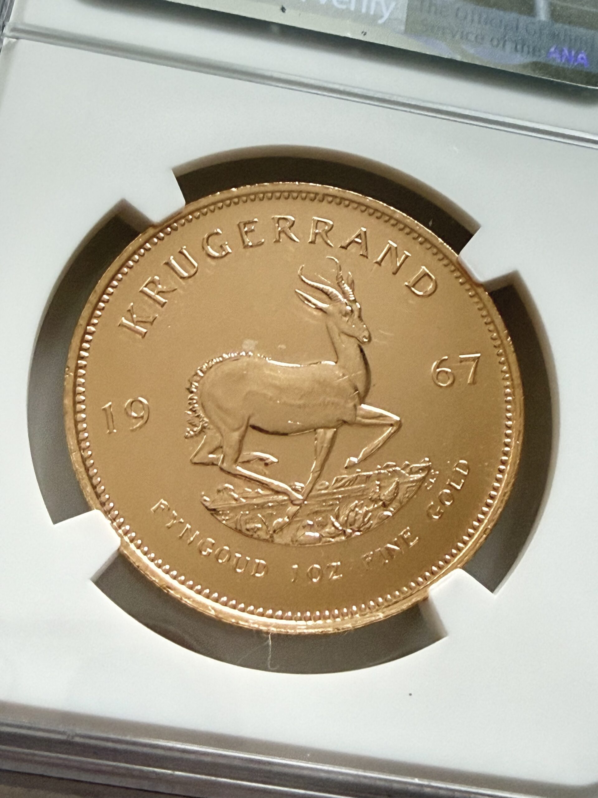 Sudáfrica, 1967, Krugerrand, 1 oz de oro, tipo prooflike, NGC, MS66, PL_6 Südafrika Krugerrand 1967 1 Unze Gold Prooflike NGC MS66 PL im Original-Holder.