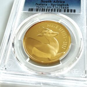 Moneda de oro Natura Springbok de Sudáfrica 2017 con retrato de Springbok, valor nominal 100 Rand, 1 onza de oro, calidad Proof, certificación PCGS PR69 DCAM.