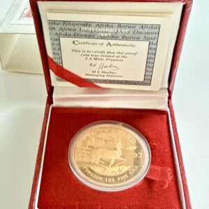 Südafrika Krügerrand Goldmünze 1997 - 30 Jahre Krügerrand Jubiläum - 1 Unze Gold - mit Originaletui und Zertifikat - klassische Sammlerausgabe mit Springbok-Motiv