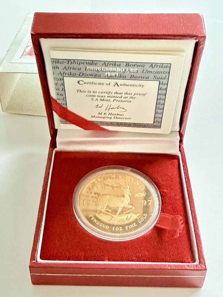 Südafrika Krügerrand Goldmünze 1997 - 30 Jahre Krügerrand Jubiläum - 1 Unze Gold - mit Originaletui und Zertifikat - klassische Sammlerausgabe mit Springbok-Motiv