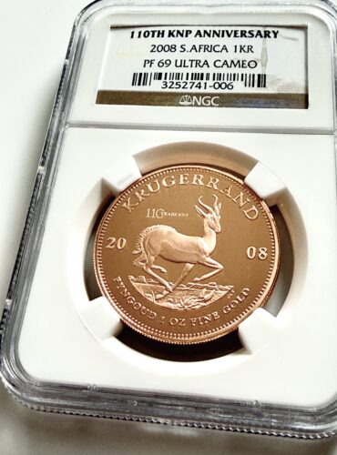 Afrique du Sud 2008 Krugerrand 1 once Or Proof, 110e anniversaire du KNP, NGC PF69 Ultra Cameo.