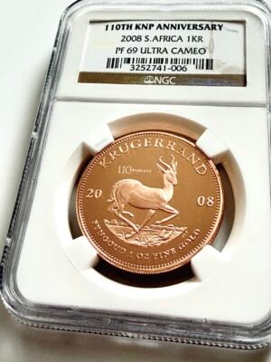 South Africa 2008 Krugerrand 1 Ounce Gold Proof, 110th KNP Anniversary, NGC PF69 Ultra Cameo.