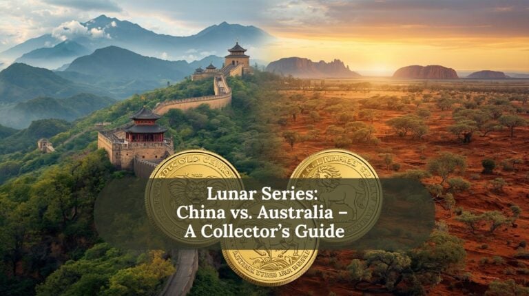 Banner graphic “Lunar Series: China vs. Australia - A Collector's Guide” with the Great Wall of China on the left, the Australian Outback on the right, and two golden coins in the foreground.
