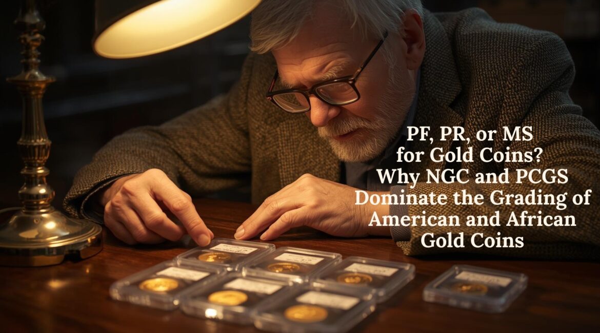 Sammler begutachtet mehrere zertifizierte Goldmünzen in NGC- und PCGS-Slabs unter einer Schreibtischlampe – Vergleich von PF, PR und MS bei amerikanischen und afrikanischen Goldmünzen.