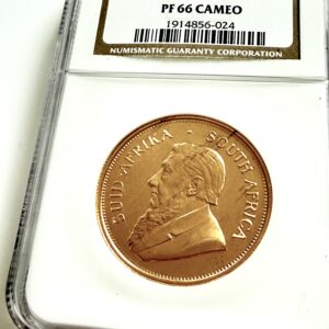 Uno storico Krugerrand del 1968 (1 oncia d'oro), certificato da NGC come PF 66 CAMEO. L'etichetta riporta il numero di certificazione 1914856-024. Il ritratto di Paul Kruger presenta il tipico contrasto "cammeo".