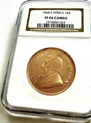 Исторический Крюгерранд 1968 года (1 унция золота), сертифицированный NGC как PF 66 CAMEO. На этикетке указан сертификационный номер 1914856-024. Портрет Пола Крюгера выполнен в типичном для камео стиле.