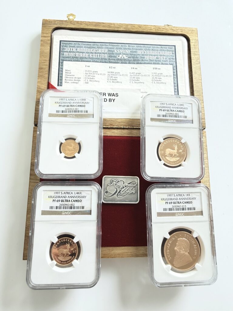 South Africa - 1997 Krugerrand Anniversary Set - 30 Years - 1 oz 1/2 oz 1/4 oz 1/10 oz Gold Proof - NGC PF69 Ultra Cameo - Cert 2650963-001 2650963-002 2650963-003 2650967-015 - Wooden box with certificate