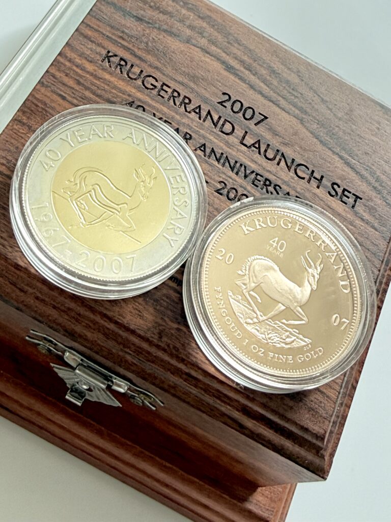 South Africa 2007 Krugerrand 40 Year Anniversary Launch Set – 1 oz Gold Proof with anniversary embossing on wooden box