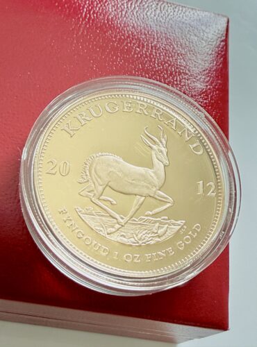 Южная Африка - Крюгерранд - 2012 год - золотая монета 1 унция, проба - реверс: антилопа спрингбок - в капсуле в красном футляре