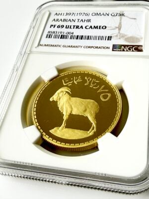 Oman 1976 75 Omani Rials Arabian Tahr Gold Proof AH1397 graded NGC PF69 Ultra Cameo in slab – WWF Conservation Series