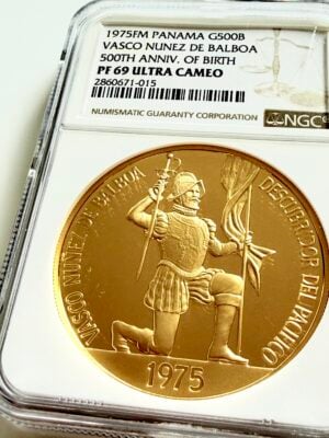 Panamá - 1975FM - Moneda de oro de 500 balboas - Vasco Núñez de Balboa - NGC PF69 Ultra Cameo - Certificado 2860671-015