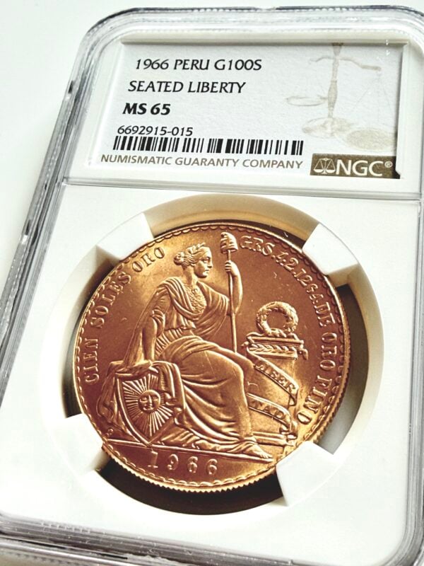 Peru - 1966 - 100 Soles Oro - Seated Liberty - Gold coin in NGC slab - MS65 - Cert 6692915-015