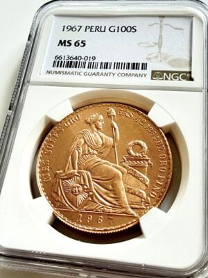 秘鲁 - 1967年 - 100索尔金币 - NGC板金币 - MS65 - 证书6613640-019