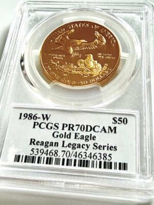 Moneta da 50 dollari USA 1986-W American Gold Eagle Proof – PCGS PR70DCAM Serie Reagan Legacy nella custodia originale.