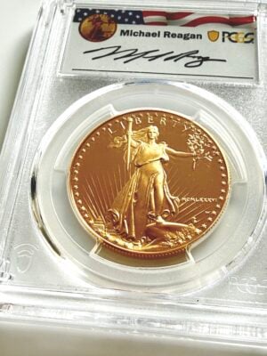 Moneda de 50 dólares de EE. UU., 1986, American Gold Eagle, serie Reagan Legacy, a prueba de oro, PCGS, PR70, DCAM, etiqueta firmada por Michael Reagan_2 EE. UU. 1986-W 50 dólares American Gold Eagle Proof – PCGS PR70DCAM Reagan Legacy Series en su estuche original.