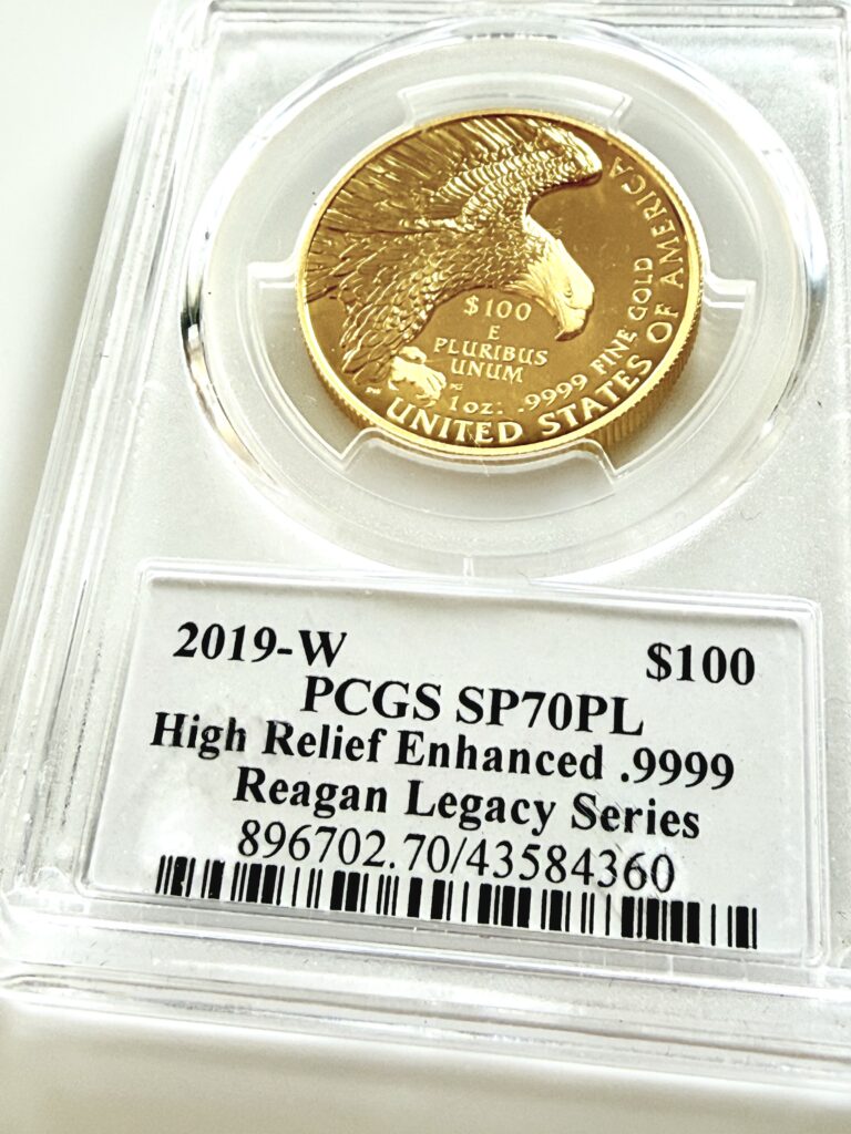 USA 2019 American Liberty 100 Dollars Goldmünze in PCGS-Slab – Reagan Legacy Series mit Michael Reagan Signaturlabel.