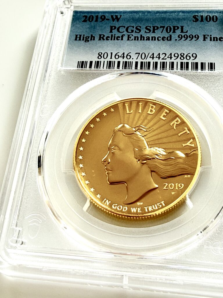 USA 2019 American Liberty 100 Dollars Goldmünze in PCGS-Slab – Reagan Legacy Series mit Michael Reagan Signaturlabel.