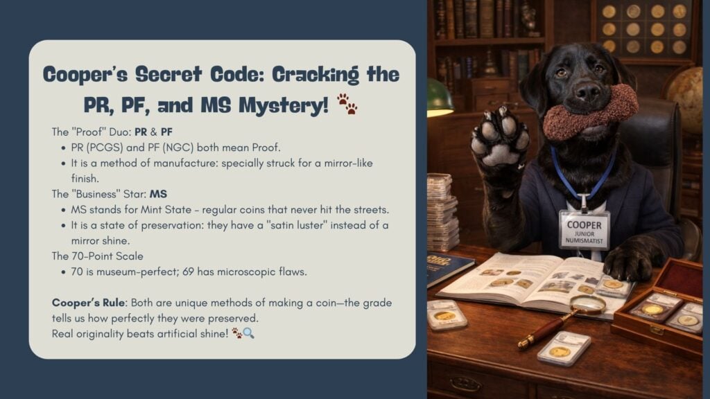 Eine Infografik mit dem Titel "Cooper’s Secret Code: Cracking the PR, PF, and MS Mystery!". Links steht ein erklärender Text zu den Erhaltungsgraden PR, PF und MS. Rechts ist ein schwarzer Hund in einem blauen Anzug zu sehen, der an einem Schreibtisch sitzt, eine Pfote hebt und ein Plüschtier im Maul hält. Auf dem Tisch liegen aufgeschlagene Münzbücher, Goldmünzen in Slabs und eine Lupe.