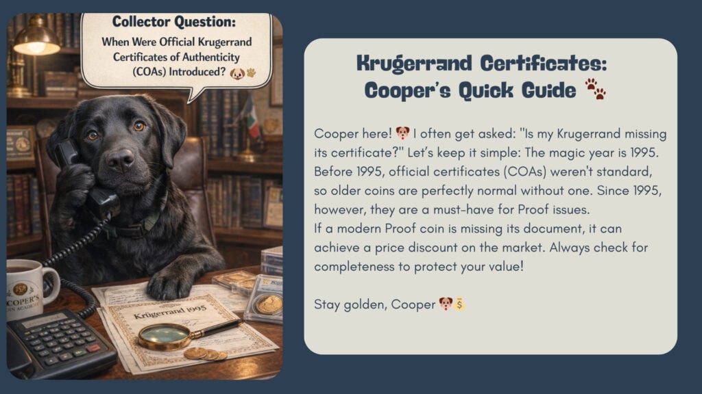 Grafik mit Cooper am Telefon und der Sammlerfrage nach Krügerrand-Zertifikaten neben einem Infotext „Krugerrand Certificates: Cooper’s Quick Guide“