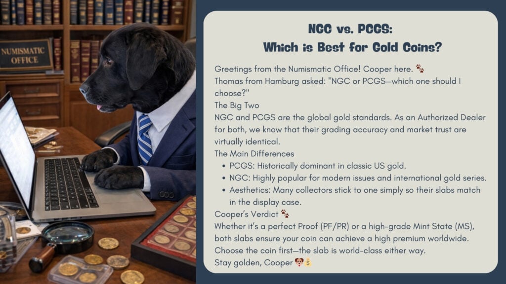 Grafik zum Thema „NGC vs. PCGS: Which is Best for Gold Coins?“. Links sitzt Cooper als junger schwarzer Labrador im Anzug in einem numismatischen Büro vor einem Laptop, rechts steht ein englischer Erklärungstext zum Vergleich der beiden Grading-Dienstleister für Goldmünzen.