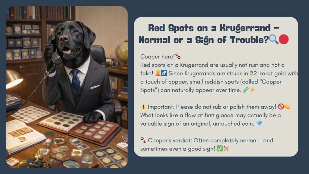 Grafik mit Cooper im Anzug am Telefon in einem numismatischen Büro und einem Infotext über rote Flecken auf dem Krügerrand