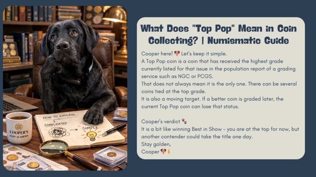 Grafik mit der Überschrift „What Does "Top Pop" Mean in Coin Collecting? | Numismatic Guide“ neben Cooper am Schreibtisch mit Lupe, Münzen und Notizbuch