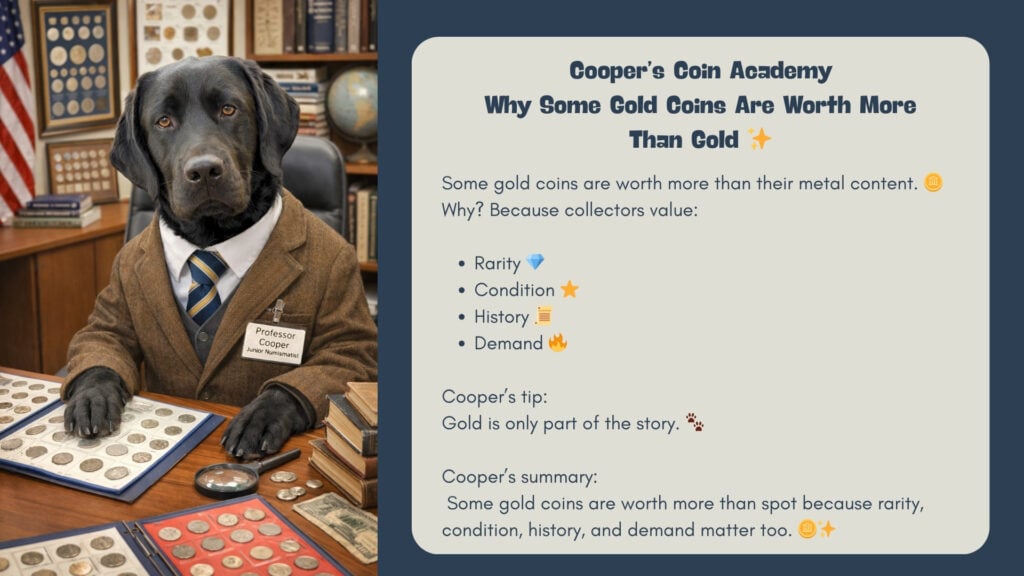 Illustration von Cooper, einem Labrador im Anzug, an einem Schreibtisch mit Münzalben und Lupe neben einer Infokarte über den Sammlerwert von Goldmünzen