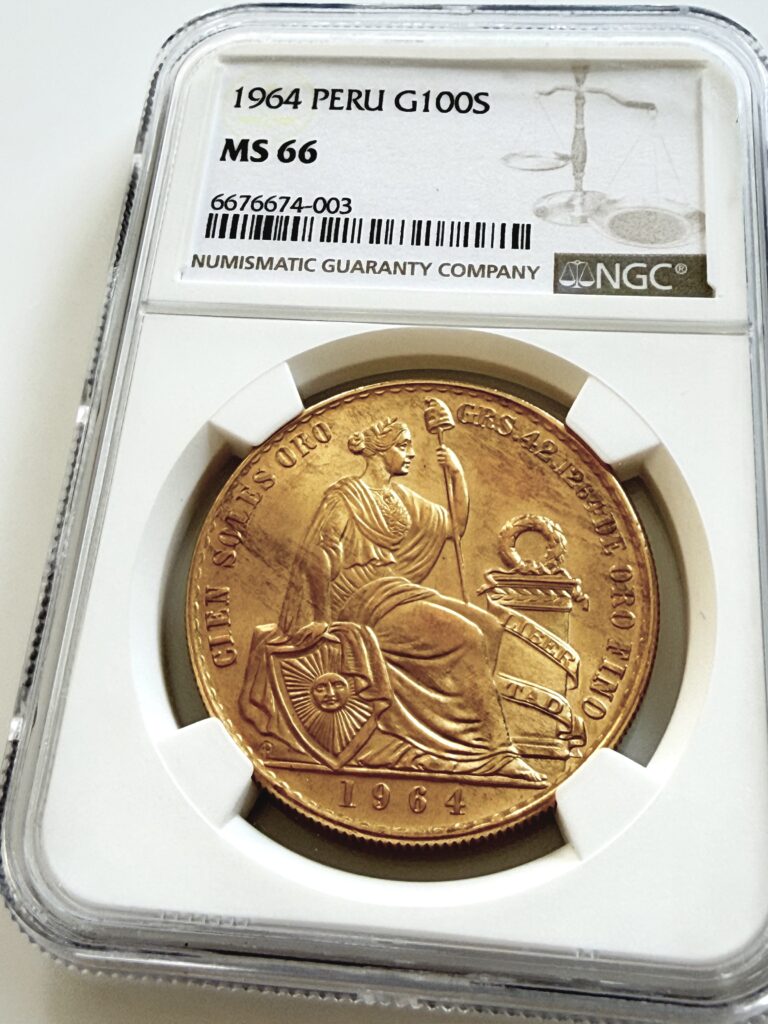 Peru 1964 100 Soles Goldmünze mit sitzender Freiheitsfigur in NGC MS66 Holder